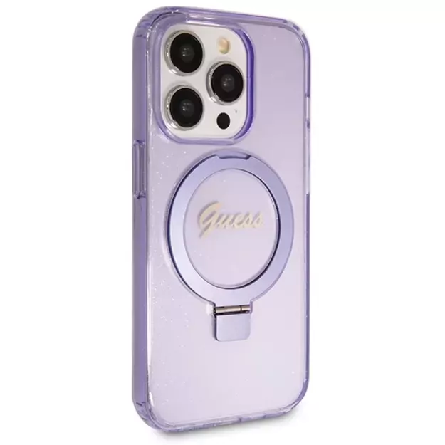 Guess Ring Stand Script Glitter MagSafe case for iPhone 14 Pro Max - purple 10