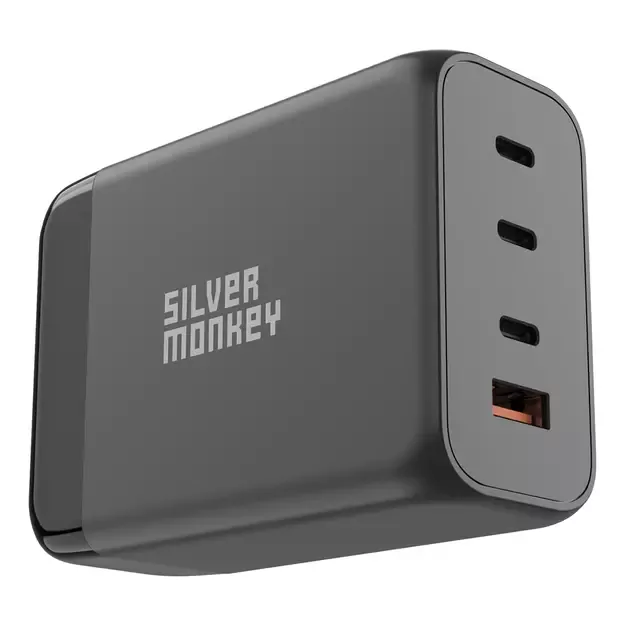 Silver Monkey SMA155 200W GaN charger 3xUSB-C PD USB-A QC 3.0 with detachable power cable - black 1