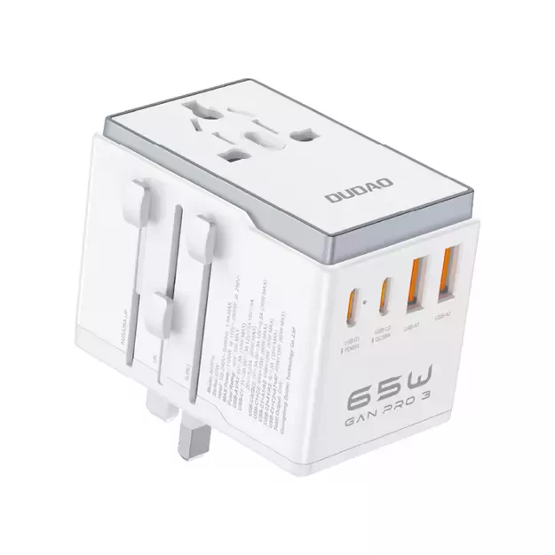 Dudao A65Pro 65W EU / US / JP / AUS / UK travel adapter 2x USB-C 2x USB-A - white