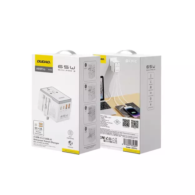 Dudao A65Pro 65W EU / US / JP / AUS / UK travel adapter 2x USB-C 2x USB-A - white 3