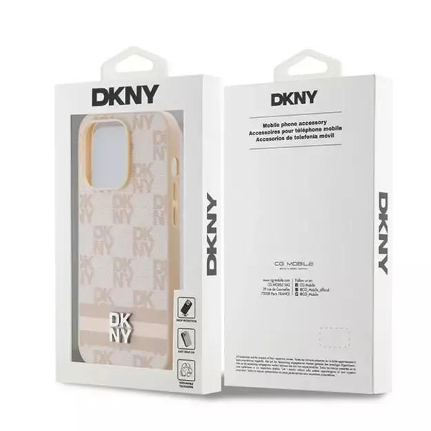 DKNY Leather Checkered Mono Pattern &amp  Printed Stripes case for iPhone 14 Pro - pink 14