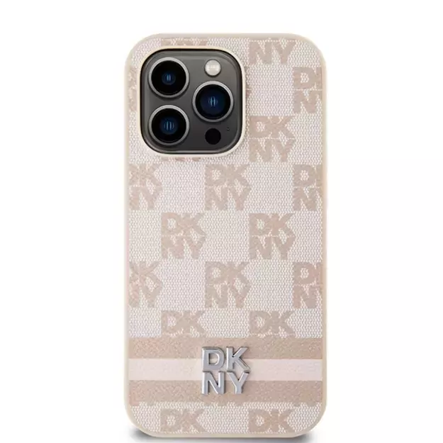 DKNY Leather Checkered Mono Pattern &amp  Printed Stripes case for iPhone 14 Pro - pink 9