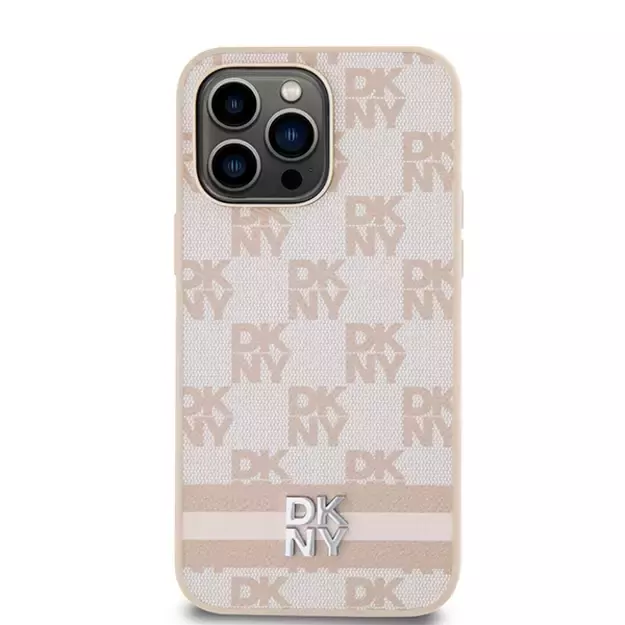 DKNY Leather Checkered Mono Pattern &amp  Printed Stripes case for iPhone 14 Pro Max - pink 2