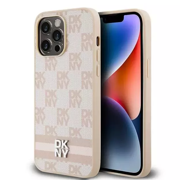 DKNY Leather Checkered Mono Pattern &amp  Printed Stripes case for iPhone 14 Pro Max - pink