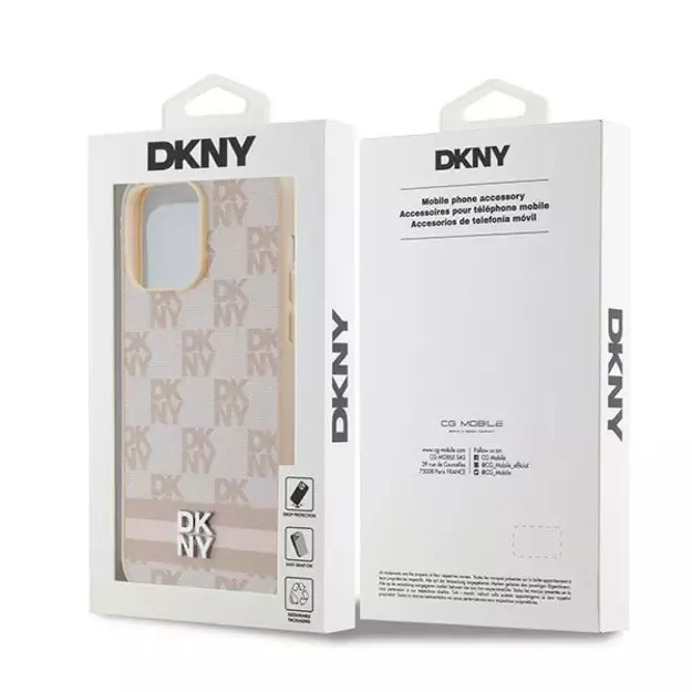 DKNY Leather Checkered Mono Pattern &amp  Printed Stripes case for iPhone 14 Pro Max - pink 7