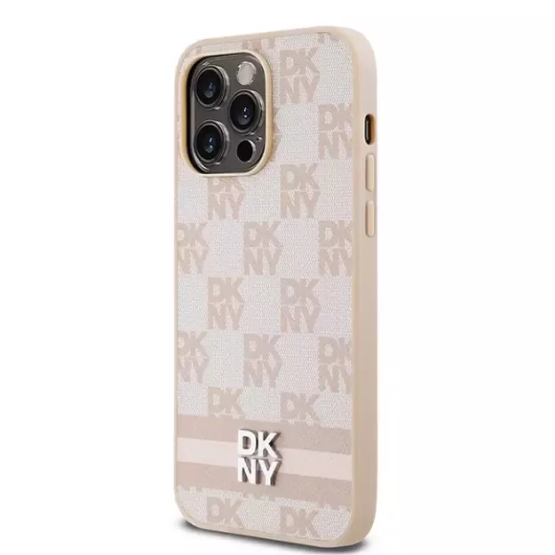 DKNY Leather Checkered Mono Pattern &amp  Printed Stripes case for iPhone 14 Pro Max - pink 1