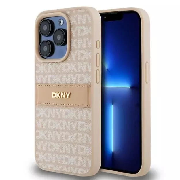 DKNY Leather Mono Stripe &amp  Metal Logo case for iPhone 15 Pro - pink