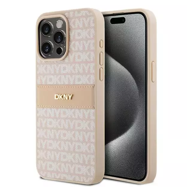 DKNY Leather Mono Stripe &amp  Metal Logo case for iPhone 15 Pro Max - pink