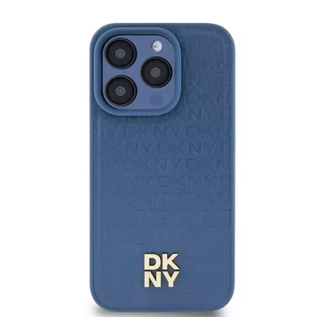 DKNY Leather Monogram Pattern Metal Logo MagSafe Case for iPhone 15 Pro - Blue 9