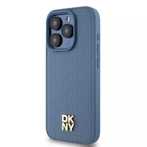 DKNY Leather Monogram Pattern Metal Logo MagSafe Case for iPhone 15 Pro - Blue 8