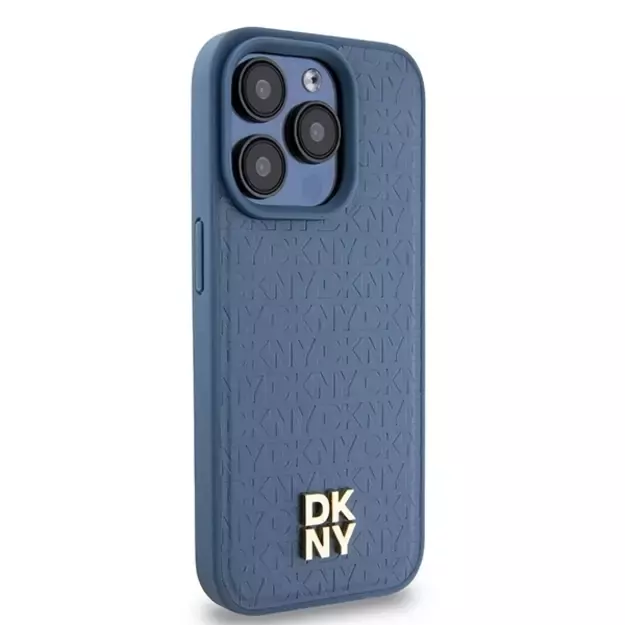 DKNY Leather Monogram Pattern Metal Logo MagSafe Case for iPhone 15 Pro - Blue 10
