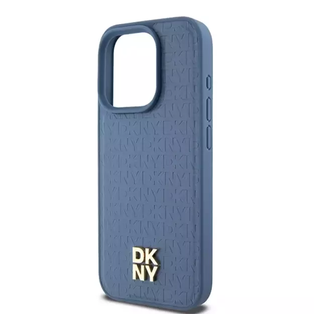 DKNY Leather Monogram Pattern Metal Logo MagSafe Case for iPhone 15 Pro - Blue 12