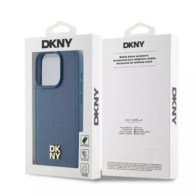 DKNY Leather Monogram Pattern Metal Logo MagSafe Case for iPhone 15 Pro - Blue 14