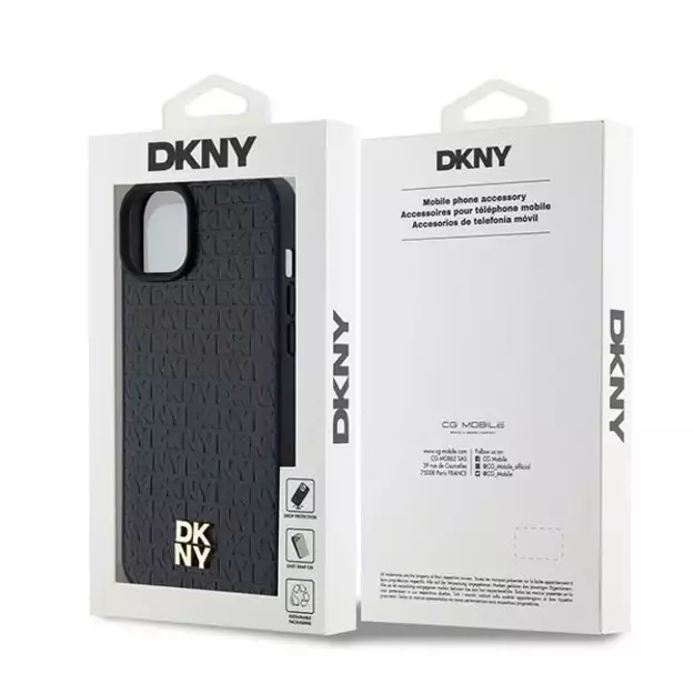 DKNY Leather Pattern Metal Logo MagSafe Case for iPhone 15/14/13 - Black 14