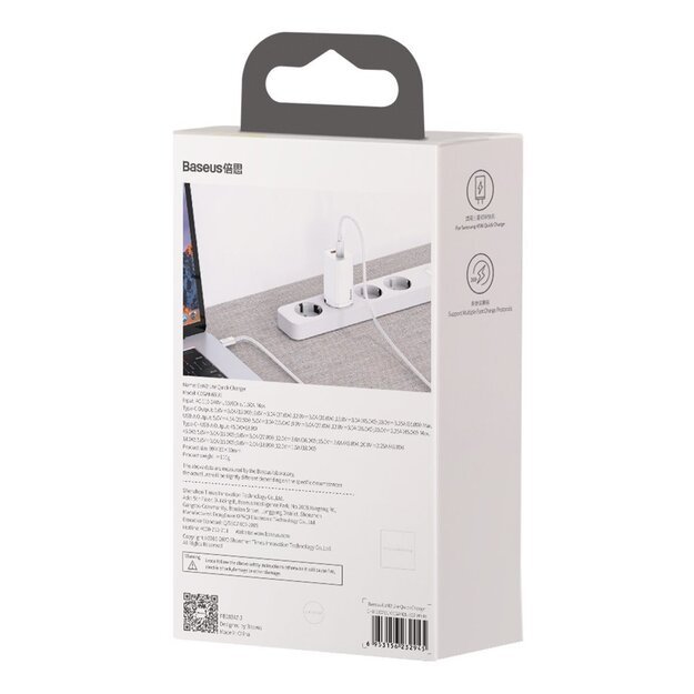 Baseus GaN2 Lite fast charger 65W USB / USB Type C Quick Charge 3.0 Power Delivery (gallium nitride) white (CCGAN2L-B02) 5
