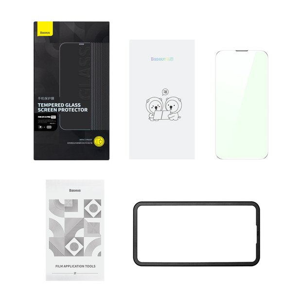 Baseus Full Screen Tempered Glass for iPhone 14 Pro with Anti Blue Light Filter and 0.3mm Speaker Cover + Mounting Frame 7