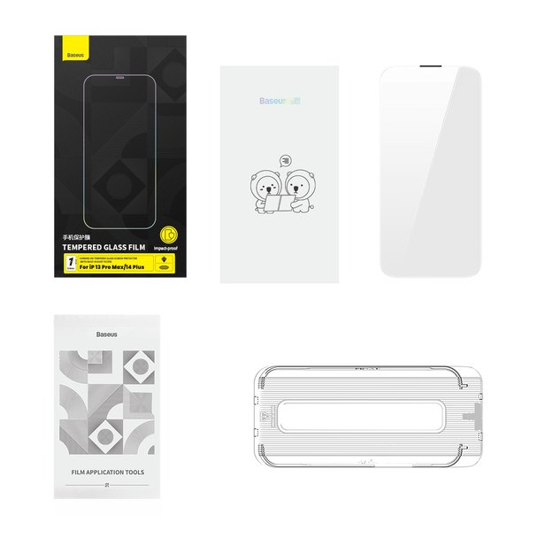 Baseus Full Screen Tempered Glass for iPhone 14 Plus / 13 Pro Max with Speaker Cover 0.4mm + Mounting Kit 10