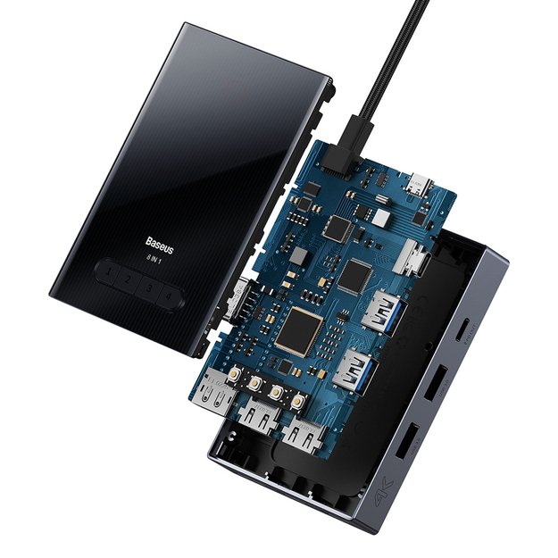 Baseus PioneerJoy 8-in-1 USB-C hub HDMI 4K@60Hz + HDMI 4K@30Hz + DisplayPort 8K@30Hz + VGA + 2 x USB-A 3.0 + 2 x USB-C - gray 4