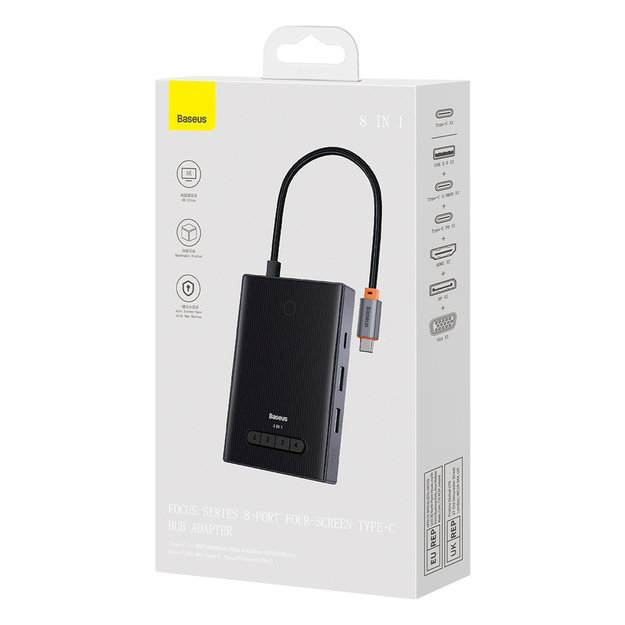 Baseus PioneerJoy 8-in-1 USB-C hub HDMI 4K@60Hz + HDMI 4K@30Hz + DisplayPort 8K@30Hz + VGA + 2 x USB-A 3.0 + 2 x USB-C - gray 5