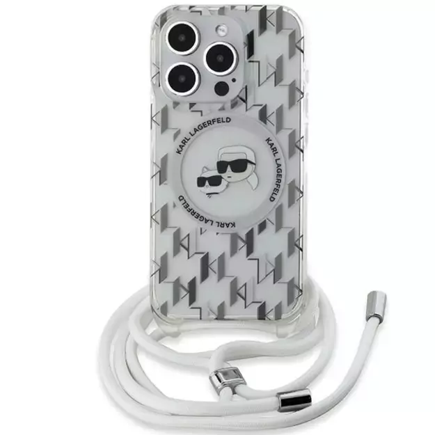 Karl Lagerfeld IML Crossbody Monogram Karl &amp  Choupette Head MagSafe Case for iPhone 15 Pro Max - Transparent