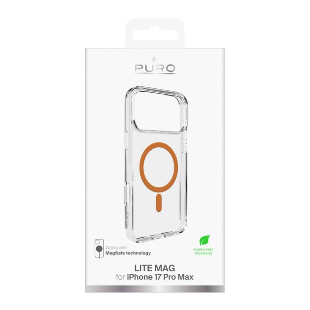 Puro Lite Mag TPU+PC Case Compatible with MagSafe for iPhone 17 Pro Max - Transparent with Orange Ring 2