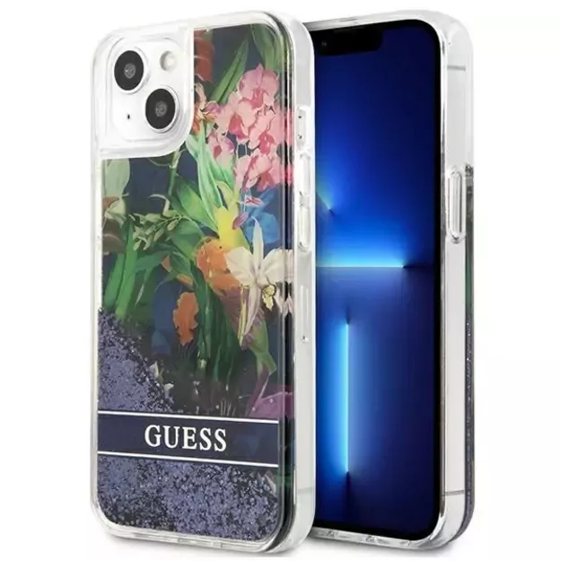 Guess GUHCP13SLFLSB iPhone 13 mini 5.4&quot  blue/blue hardcase Flower Liquid Glitter