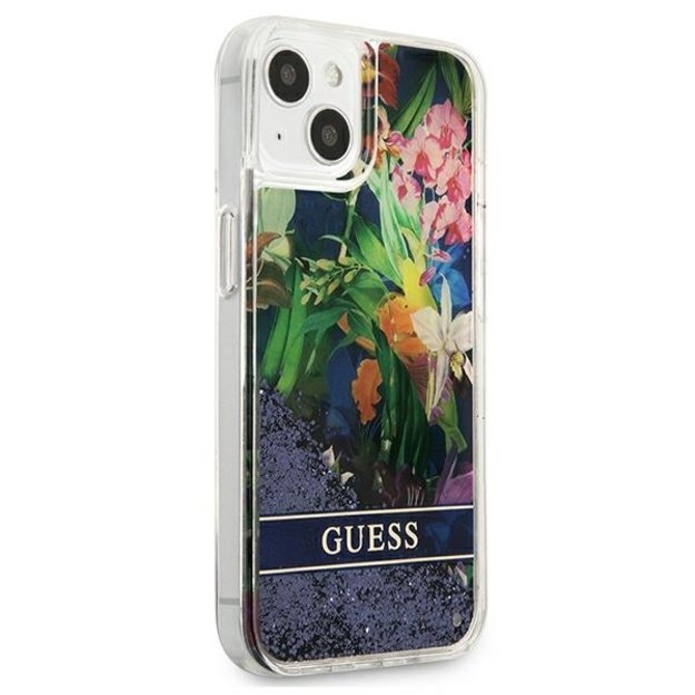 Guess GUHCP13SLFLSB iPhone 13 mini 5.4&quot  blue/blue hardcase Flower Liquid Glitter 1