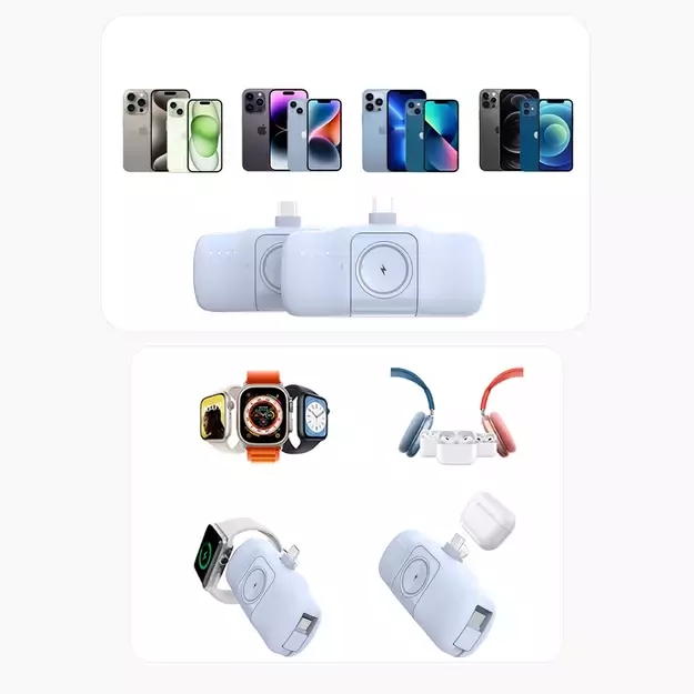 Wozinsky WF16-YLS 5000mAh 15W Lightning Mini Power Bank with Built-in USB-C Cable and Apple Watch Charger - Blue 1