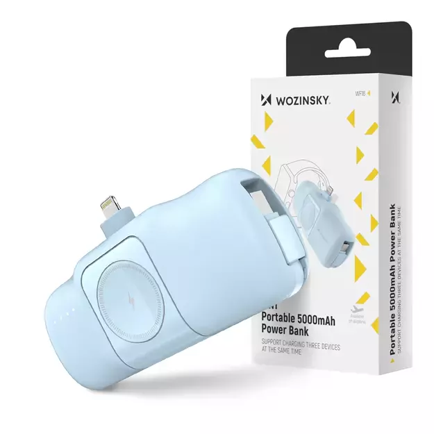 Wozinsky WF16-YLS 5000mAh 15W Lightning Mini Power Bank with Built-in USB-C Cable and Apple Watch Charger - Blue 5