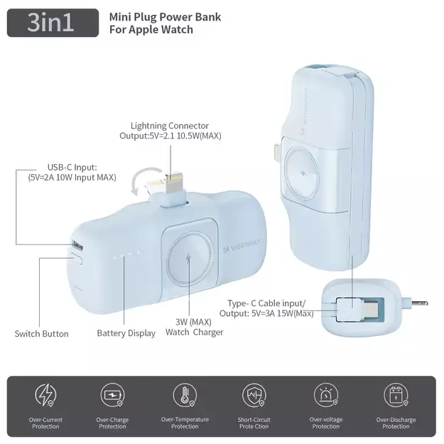 Wozinsky WF16-YLS 5000mAh 15W Lightning Mini Power Bank with Built-in USB-C Cable and Apple Watch Charger - Blue 4
