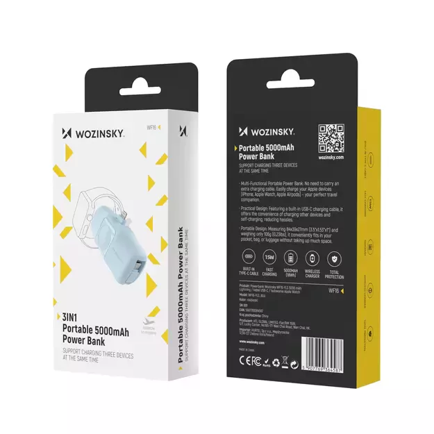 Wozinsky WF16-YLS 5000mAh 15W Lightning Mini Power Bank with Built-in USB-C Cable and Apple Watch Charger - Blue 6