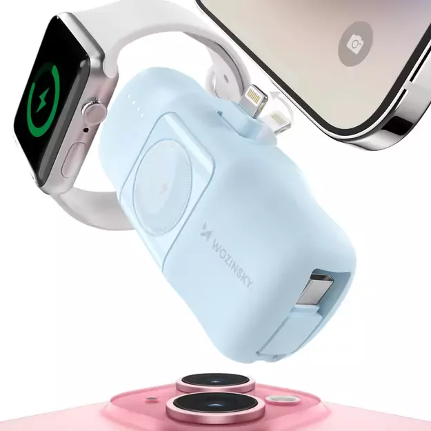 Wozinsky WF16-YLS 5000mAh 15W Lightning Mini Power Bank with Built-in USB-C Cable and Apple Watch Charger - Blue 20