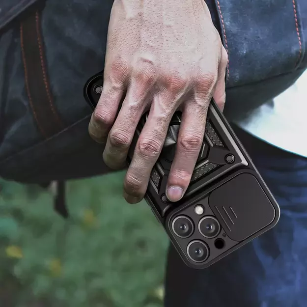 Hybrid Armor Camshield iPhone 16 Pro Max Armored Case with Camera Cover and Stand - Black 16