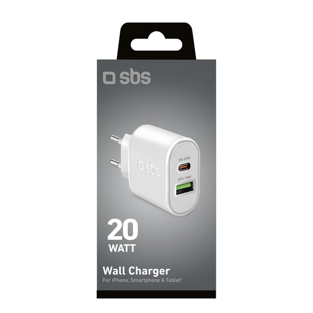 SBS TETRPD20W 20W USB-A USB-C Wall Charger with Power Delivery - White 2
