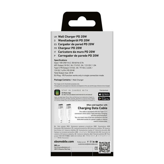 SBS TETRPD20W 20W USB-A USB-C Wall Charger with Power Delivery - White 1