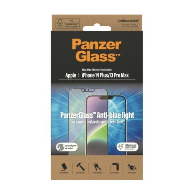 PanzerGlass Ultra-Wide Fit Antibacterial Tempered Glass with Blue Light Filter and Positioner for iPhone 14 Plus / 13 Pro Max 7
