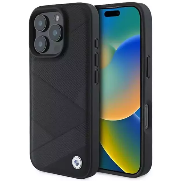 BMW Signature Leather Crossing Lines Pattern iPhone 16 Pro Case - Black