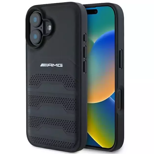 AMG Leather Debossed Lines Black Logo iPhone 16 Case - Black