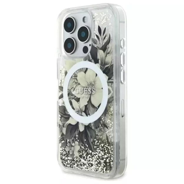 Guess Liquid Glitter Flower MagSafe iPhone 16 Pro Case - Beige 8
