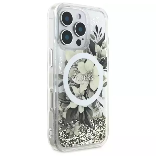 Guess Liquid Glitter Flower MagSafe iPhone 16 Pro Case - Beige 10