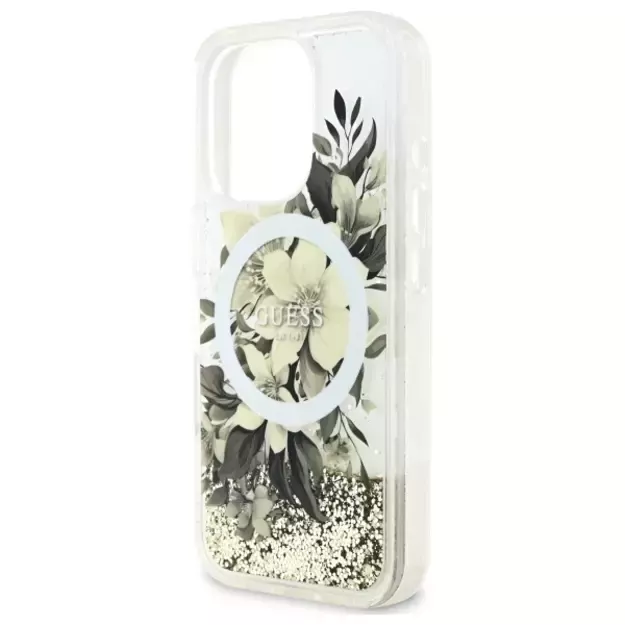 Guess Liquid Glitter Flower MagSafe iPhone 16 Pro Case - Beige 12