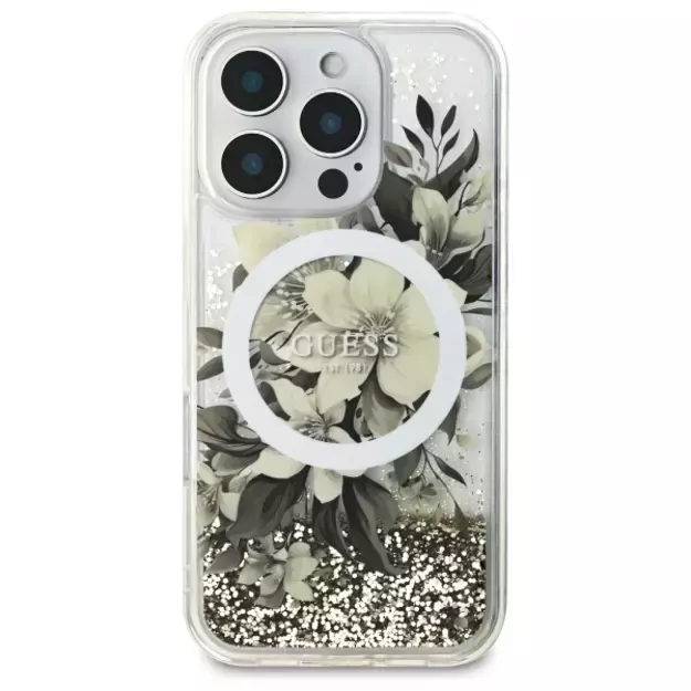 Guess Liquid Glitter Flower MagSafe iPhone 16 Pro Case - Beige 9