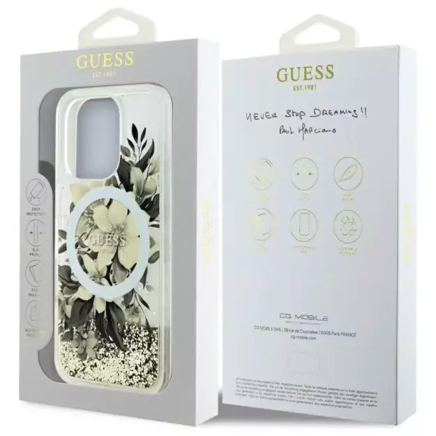 Guess Liquid Glitter Flower MagSafe iPhone 16 Pro Case - Beige 14