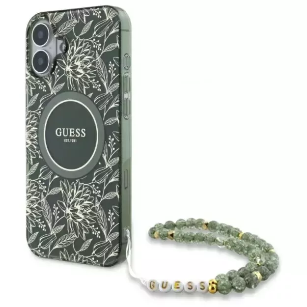 Guess IML Flowers Allover Electro With Pearl Strap MagSafe case for iPhone 16 - green