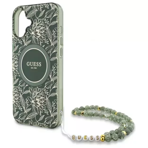 Guess IML Flowers Allover Electro With Pearl Strap MagSafe case for iPhone 16 - green 8