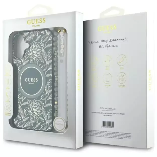 Guess IML Flowers Allover Electro With Pearl Strap MagSafe case for iPhone 16 - green 10