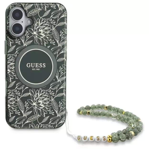 Guess IML Flowers Allover Electro With Pearl Strap MagSafe case for iPhone 16 - green 5