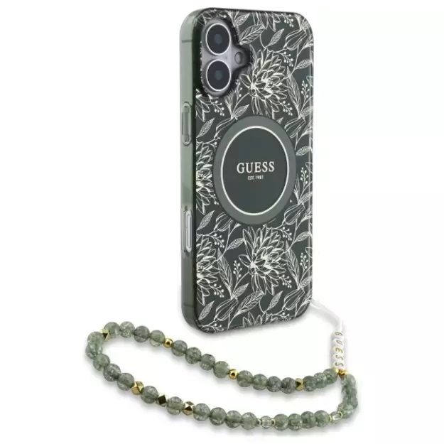 Guess IML Flowers Allover Electro With Pearl Strap MagSafe case for iPhone 16 - green 6