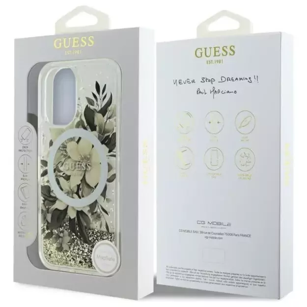 Guess Liquid Glitter Flower MagSafe iPhone 16 Case - Beige 14