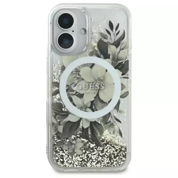 Guess Liquid Glitter Flower MagSafe iPhone 16 Case - Beige 9